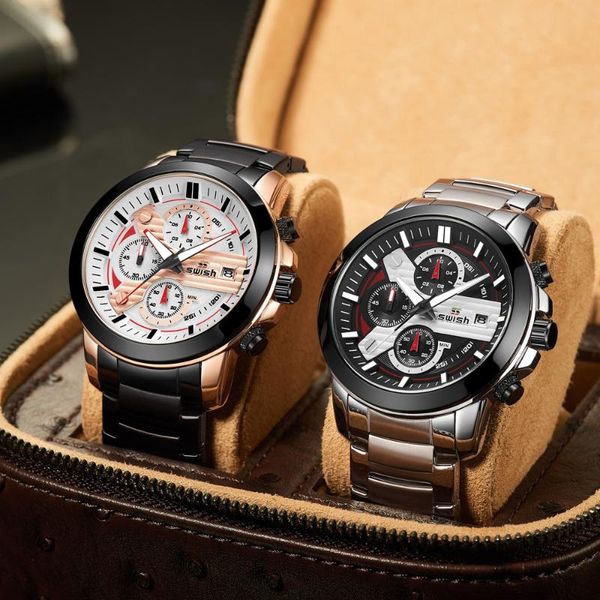 

wristwatches chronograph quartz watch men stainless steel silver watches male business clock waterproof sports relogio masculino, Slivery;brown
