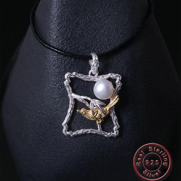 

pendant necklaces amxiu s925 square necklace freshwater pearl jewelry two tones color bird for men women rope choker, Silver