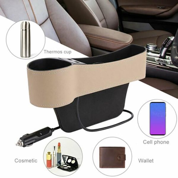 

1pcs usb storage box w/cigarette lighter drive beige car right side crevice durable organizer