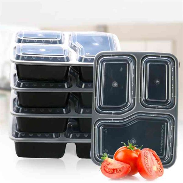 10 pcs refeição Prep Portable Bento Box Plástico Reutilizável 3 Compartimento Lancheira De Alimentos Recipiente De Armazenamento De Alimentos Com Tampa Louça De Microondas 210818