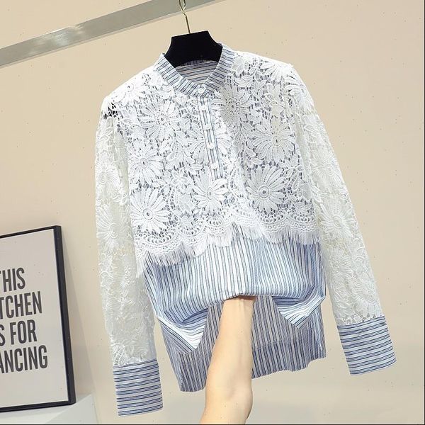

loose cute lace hollow women shirt out floral o neck striped autumn arrival, White