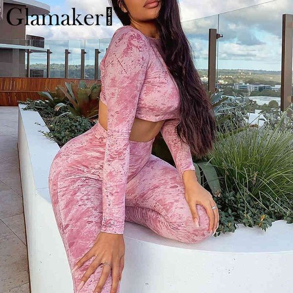 

glamaker pink backless tie-dye suit sets women long sleeve crop and pants 2 piece set femele club outfits co ord set 210412, White