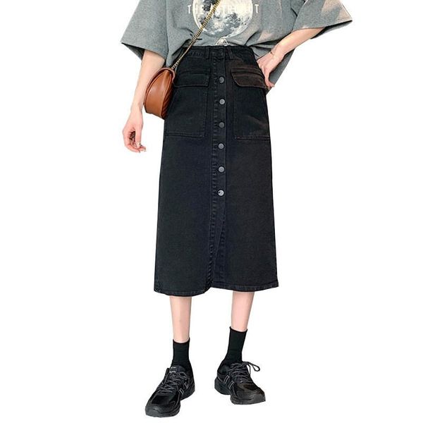 

skirts black denim skirt women 2021 summer korean version plus size breasted thin high waist mid-length loose female lr1202