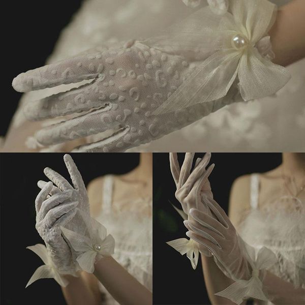 

five fingers gloves bridal lace wedding big bowknot transparent women short full white ivory bow wrist, Blue;gray
