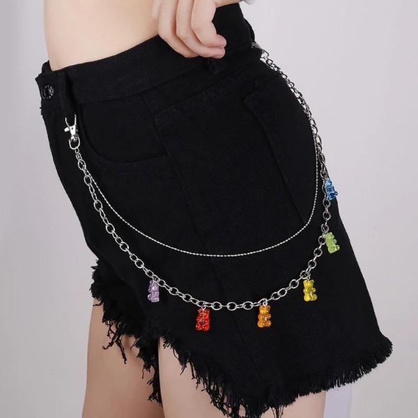 

belts fashion cartoon mini gummy bear belt waist chain punk hip hop for women alloy beads pants girl hook keychain double layer, Black;brown