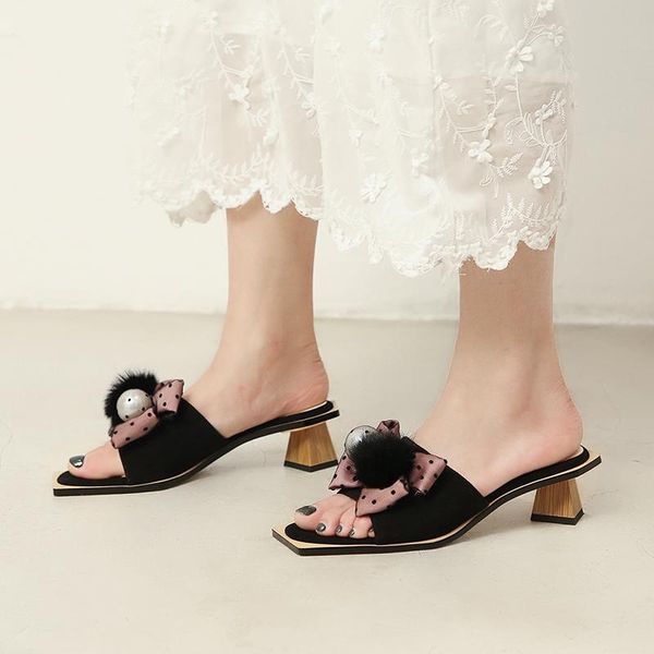 

women shoes high heels mules fashion brand party wedding woman comfort quality kid suede leather summer sandals pumps, Black