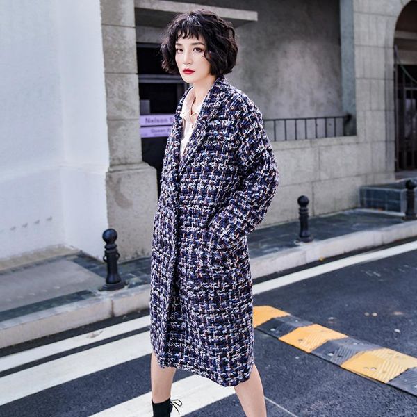 

women's wool & blends woolen jacket women 2021 winter style suit collar mid-length korean plaid coat comfortable and casual wear fashio, Black