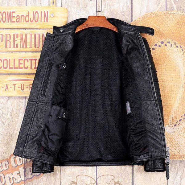 

men's leather & faux 2021 black genuine jacket men motorcycle style stand collar plus size 5xl real natural cowhide autumn coat