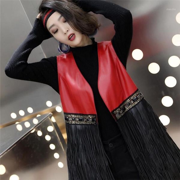 

women's leather & faux yr.fashion ladies genuine leather waistcoat.lovely tassel ,chic ,trendy ,sheepskin waistcoat1 fdit, Black