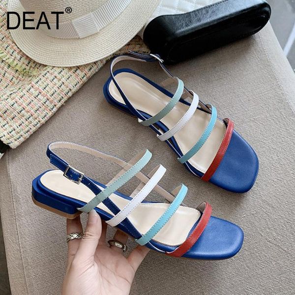 

[deat] 2021 spring summer square toe shallow narrow band hit colors genuine leather sandals for women shoes fashion 10g898, Black