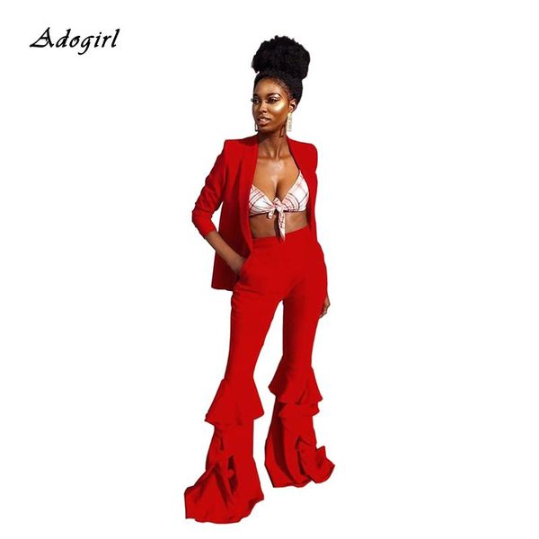 

elegant cardigan blazer suit vintage pockets ruffles flare trouser with jackets for women slim office lady 2 piece set women's two pant, White