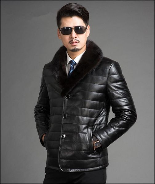 

men's leather & faux sheepskin jacket for luxury man down coat collar genuine jackets parka outwear plus size fyy621, Black
