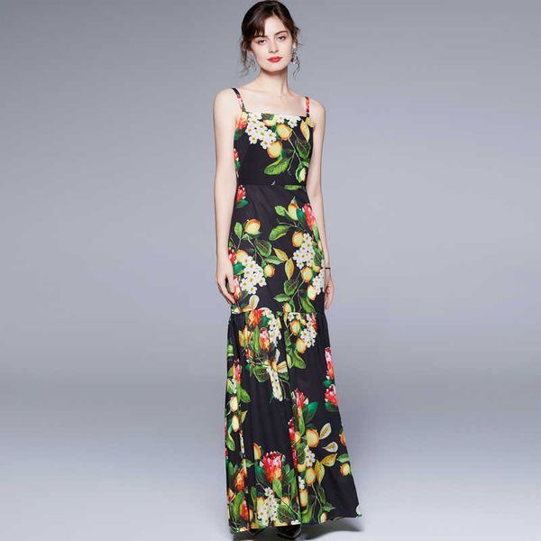 

women summer designer elegant maxi dress slim cocktail party robe female vintage floral print trumpet dress vestidos 210525, Black;gray