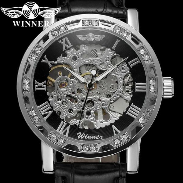 

wristwatches winner mechanical men wristwatch military army sport male clock skeleton hollow leather man watch gift 8012, Slivery;brown