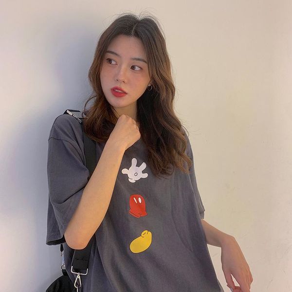 

women's t-shirt 2021summer women loose sweet lovely concise cartoons print o-neck female casual college style ladies tee, White