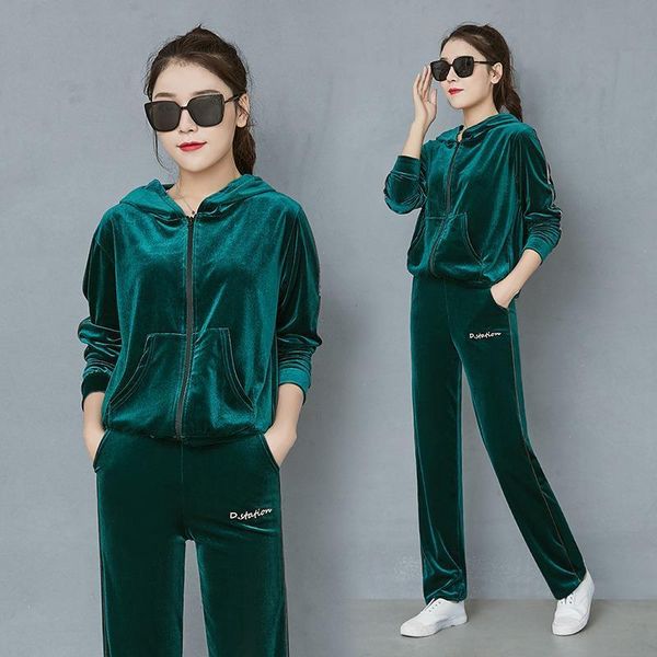 

autumn winter fashion elegant velvet women tracksuits tracksuit pant suits casual 2 piece set zipper hoodied and green pants, Gray