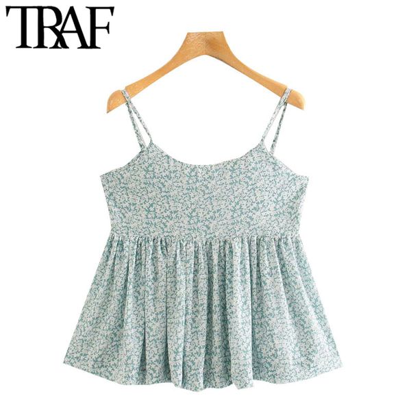 

traf women sweet fashion printed cropped blouses vintage backless lace-up thin straps female shirts blusas chic 210415, White