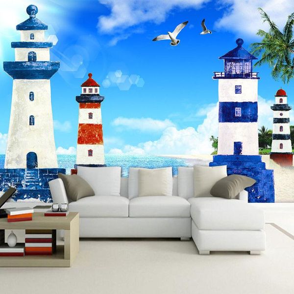 

wallpapers dropship custom po mural mediterranean style blue sky white clouds lighthouse living room waterproof wallpaper