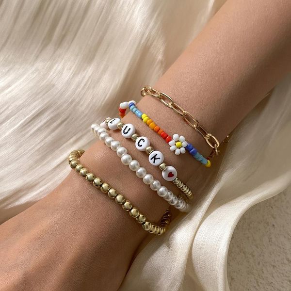 

charm bracelets 5pcs bohemian beads women daisy pearl flower chain bracelet boho heart retro ethnic acrylic letter jewelry, Golden;silver