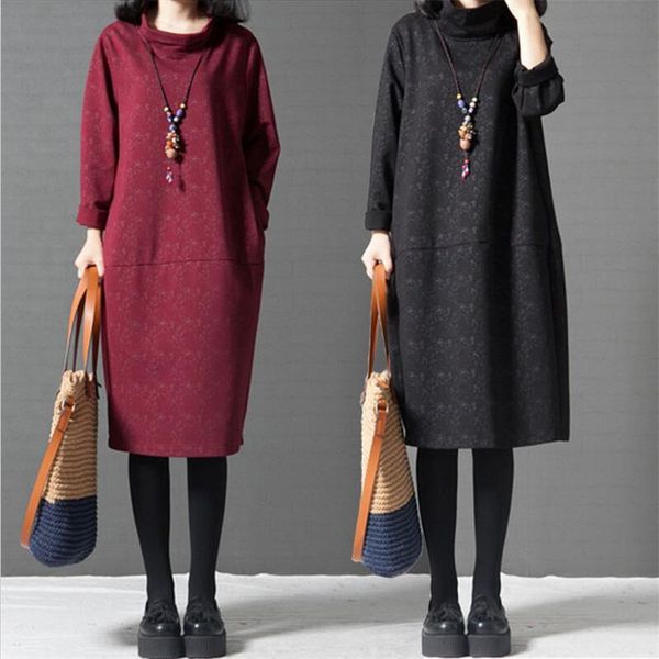 

casual dresses 2021 womens autumn high collar floral print stitching long sleeve cotton linen knee baggy kaftan plus size, Black;gray