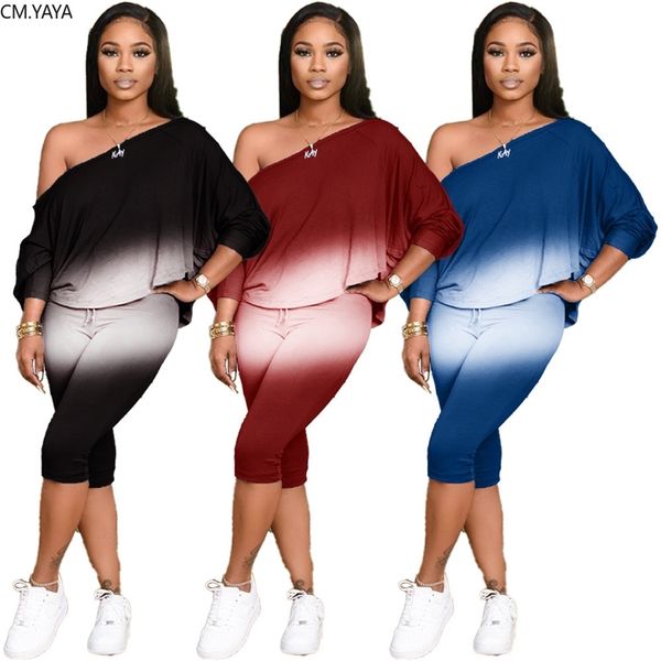 

h1cm.yaya casual gradient print women's set two piece set off shoulder knee length pants suit tracksuit matching set outfit 210727, White
