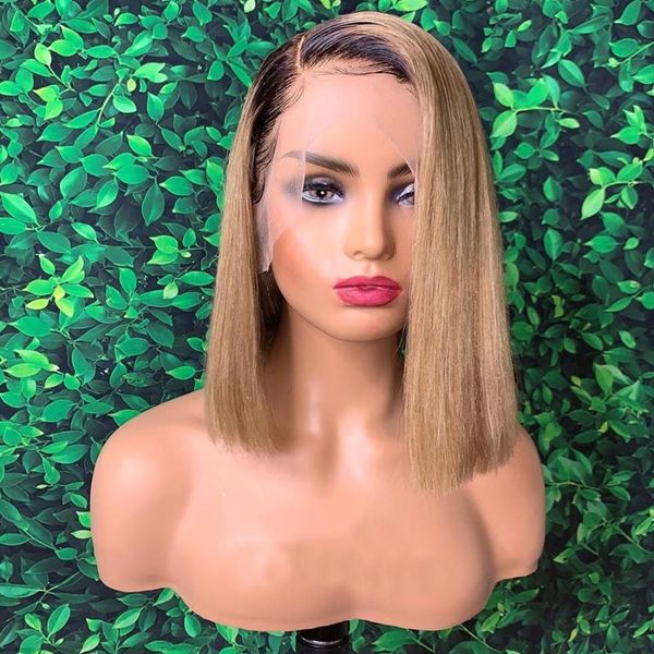 

lace wigs glueless ombre honey blonde short cut bob pre-plucked 13x4 front human hair for women with babyhair can dye permed, Black;brown
