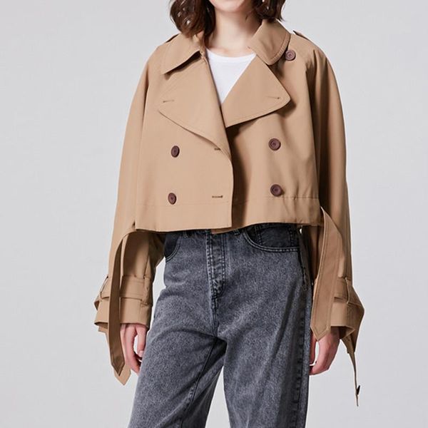 

women's trench coats 2021 early autumn double breasted solid color ladies long sleeve lace-up female outwear women short windbreaker co, Tan;black