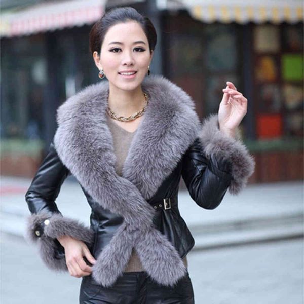 

leather jacket high fashion men belt stitching fur collar short coat large waist, Black