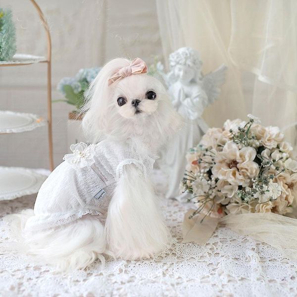 

fashion puppy dog lace vests super soft cotton flower imitation pearl pink white vest clothes for pet poodle apparel