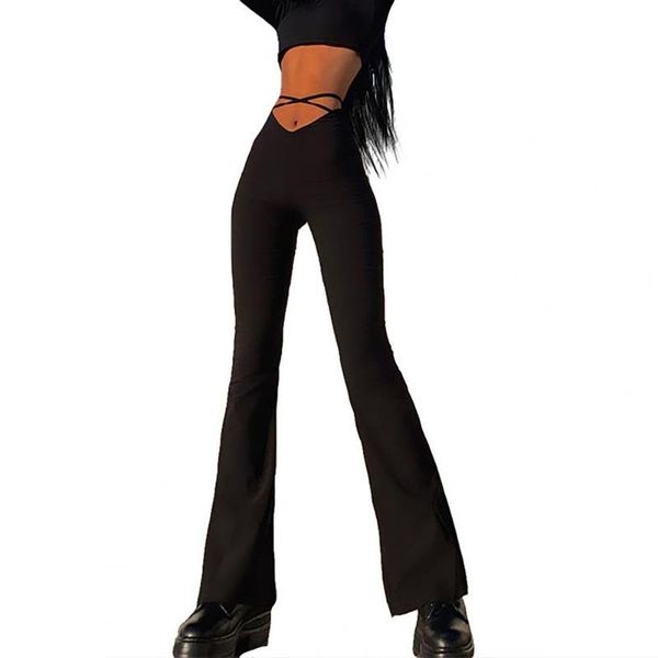 

women's pants & capris flared lace up crossed strap navel-exposed solid color v shape waist trousers wide leg high women, Black;white