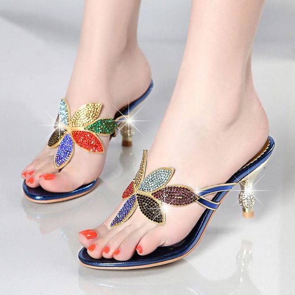 

gold blue beach shoes women rhinestone sandals designer summer female slides crystal slippers high heel flip flops c0017, Black