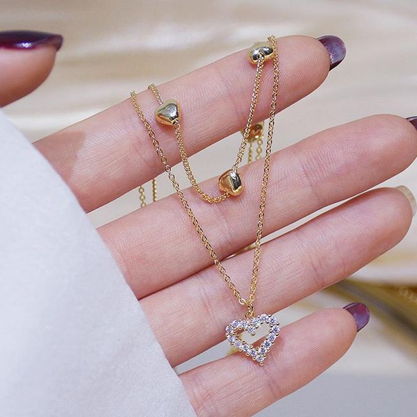 

other trendy 14k real gold heart-shaped double layer chain necklace for women quality jewelry charming temperament zircon gift, Silver