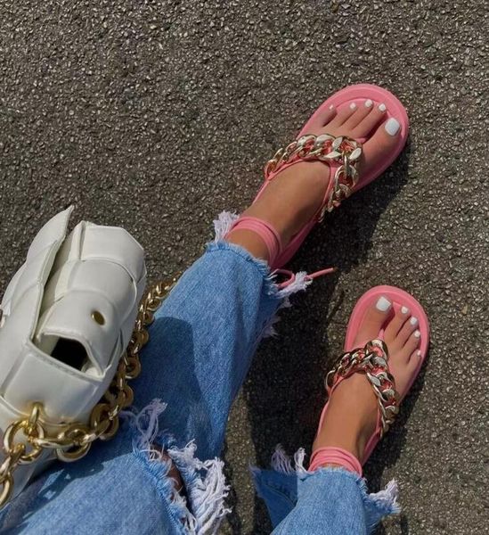 

2021 platform mid-heel trifle flip-flop sandals metal chain anklet strap roman sandals, Black
