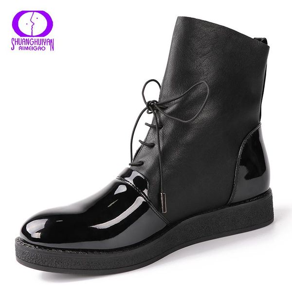 

boots aimeigao winter warm shiny black ankle women 2021 casual basic short plush low heel shoes female round toe flat with