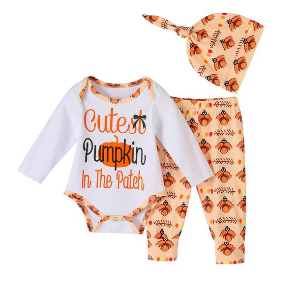 

baby clothing sets boys suit girls outfits infant letter pumpkin print long sleeve cotton romper jumpsuit pants hats 3pcs toddler clothes b7, White
