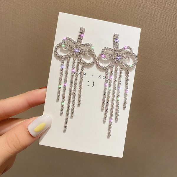

dangle & chandelier exaggerated full rhinestones long tassel earrings for women lady bowknot geometric hanging party jewelry, Silver