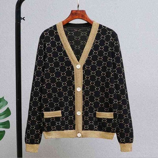 

high version vintage gold thread knitted cardigan 2022 autumn and winter new v-neck loose and thin aging jacket, Black;brown