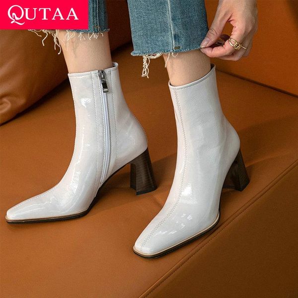 

boots qutaa 2022 square toe concise ankle quality patent leather short zipper high heel women shoes size 34-39, Black