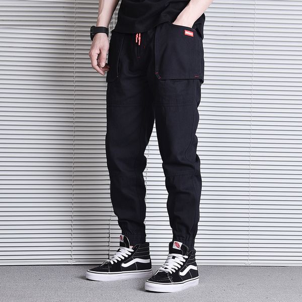 

men's jeans japanese style fashion men loose fit multi pockets casual cargo pants harem trousers streetwear hip hop joggers bl14, Blue