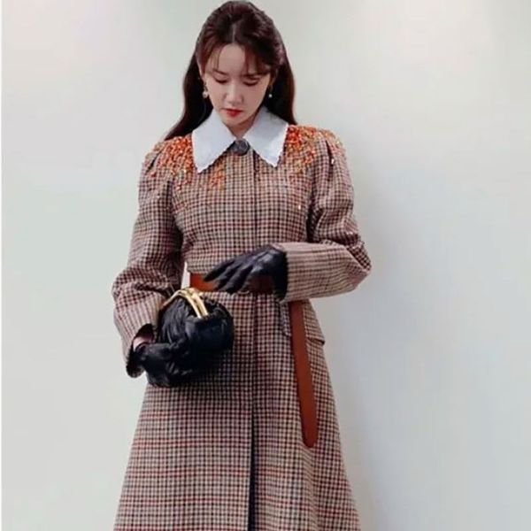 

women's jackets luxury crystal beading woolen jacket female autumn winter medium long plaid wool coat women fashion outwear o7qy, Black;brown