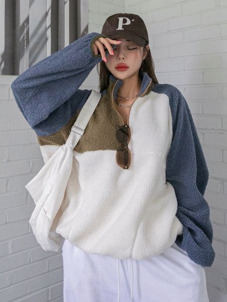 

dazy color block drawstring hem raglan sleeve teddy pullover w70y#, White;black