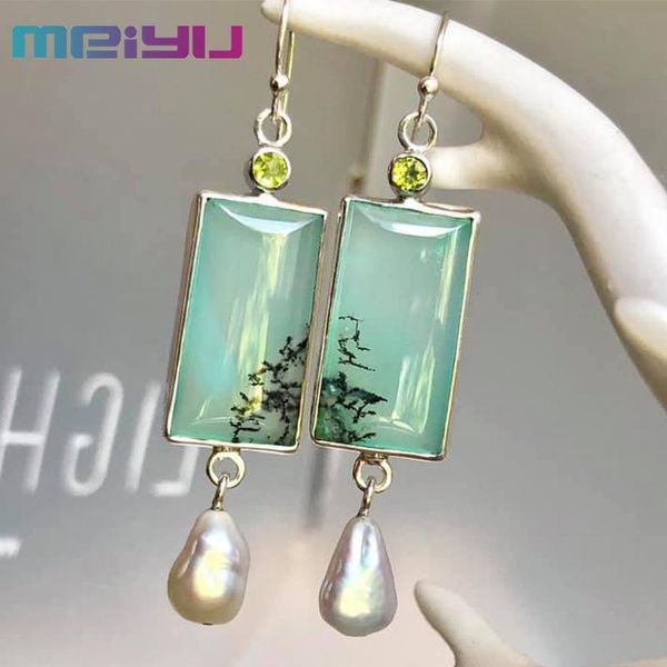 

dangle & chandelier luxury synthetic green opal ink painting and pearl drop earrings vintage for women korean fashion ear hook jewelry whole, Silver
