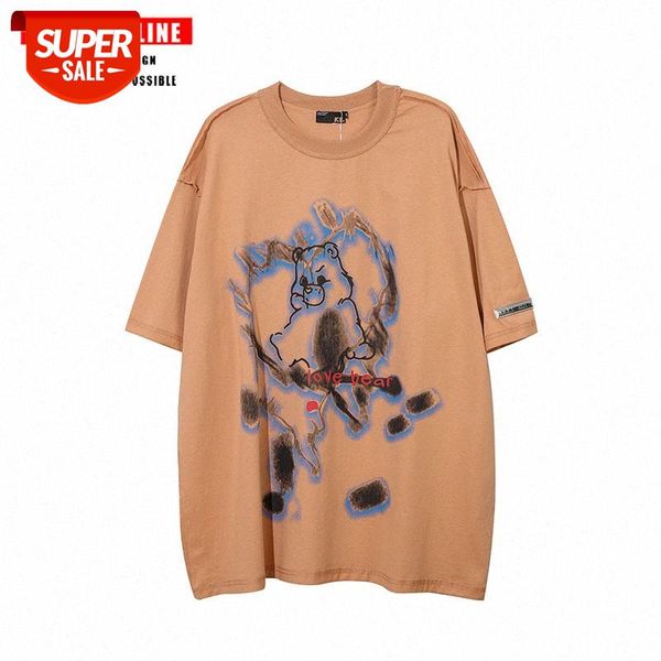 

streetwear men high street dark wind cartoon printing men's retro fashion brand hip-hop oversize short-sleeved t-shirt male #yf3k, White;black