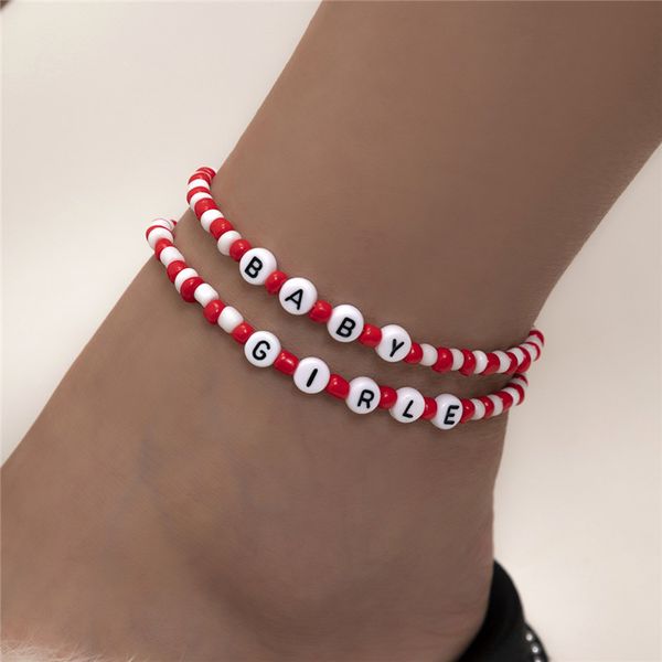 

double layer red rice beaded anklets bohemian acrylic letter baby foot chain european women vacation beach gift anklet jewelry accessories w, Red;blue