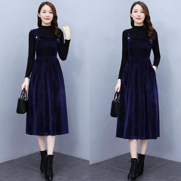 

casual dresses vintage western slim korean french corduroy strap dress autumn high waist mid length dark blue 2 piece clothes, Black;gray