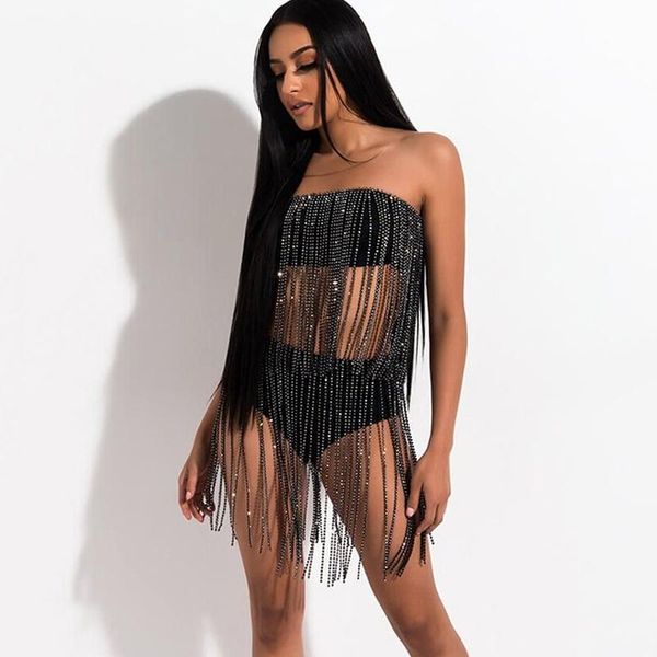 

two piece dress black long tassel 2 set strapless shiny diamante crop high cut panties clubwear design sets, White