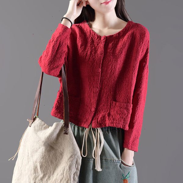 

arrival female autumn long sleeve jacket vintage cotton flax double-pocket solid o-neck short jackets d86, Black;brown