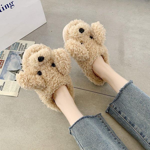 

fur dog slippers 2021 cute cartoon animal women winter warm plush home fluffy slides cotton house shoes, Black
