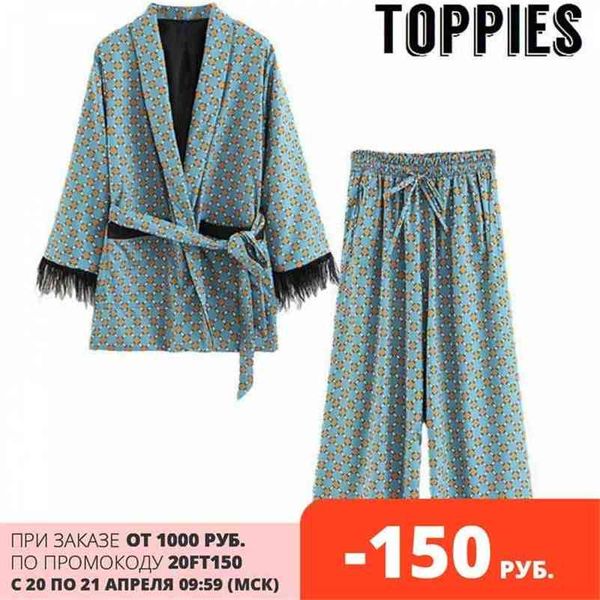 Azul Impresso Kimono Jacket com mangas de penas Largura perna solta Calças Cuasal Mulheres Ternos de Roupas Vintage 210421