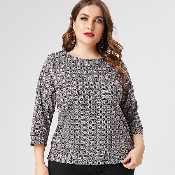 

plus size t-shirt 2021 fall women long sleeve plaid blouse fashion ladies retro elegant mom clothes womens, Black